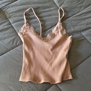 Lace Trim Ribbed Tan Cami Top